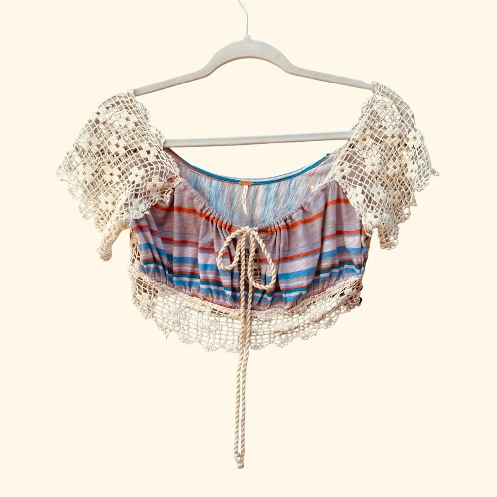 Free People Women’s S Aruba Crochet Striped Bohemian Hippie Festival Crop Top - Picture 6 of 12